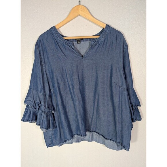 Ann Taylor Tops - Ann Taylor Blue Chambray V Neck Ruffle Sleeve Blouse Women's XL 100% Lyocell N92